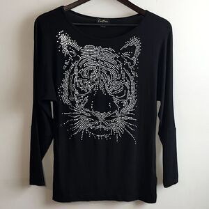 Cartise Size Small Long Sleeve Black Top With‎ A Silver Rhinestone Tiger Face